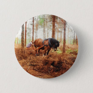 Gentle Giant - Draught   Horse Hauling Logs in 2 Inch Round Button
