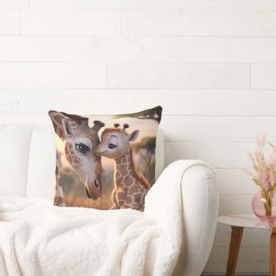 Gentle Giraffe Love: Baby Kissing Mom Throw Pillow