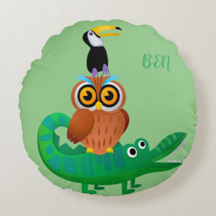 Gentle green with alligator owl and parrot round pillow