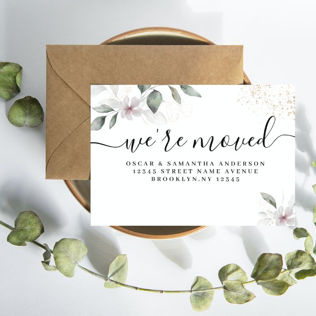  Gentle Greenery Watercolor Leaf & Flower | Gold Announcement Postcard (Creator Uploaded)