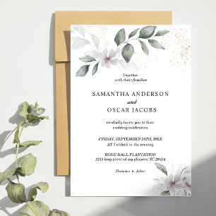  Gentle Greenery Watercolor Leaf & Flower   Gold Invitation