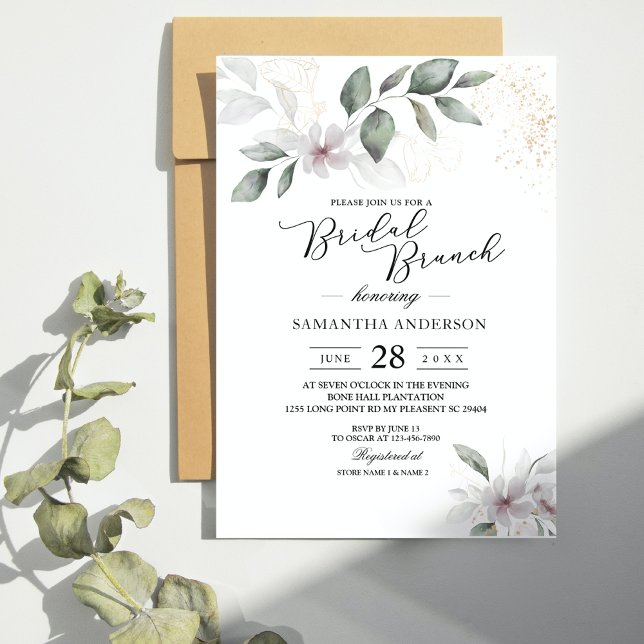  Gentle Greenery Watercolor Leaf & Flower | Gold Invitation (Creator Uploaded)