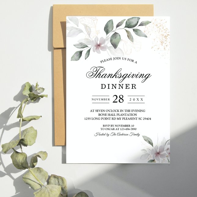  Gentle Greenery Watercolor Leaf & Flower | Gold Invitation (Creator Uploaded)