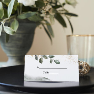 Gentle Greenery Watercolor Leaf Gold Dust Place Card