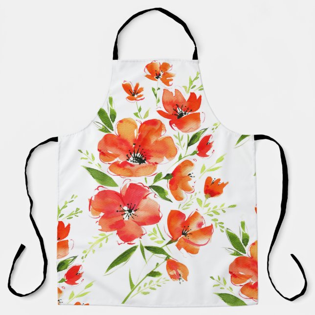 Gentle Orange Poppies Watercolor Pattern Apron (Front)