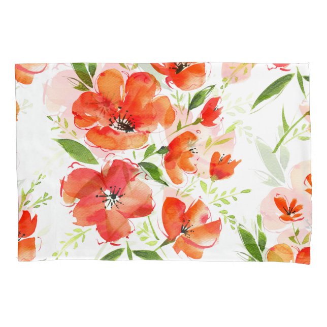 Gentle Orange Poppies Watercolor Pattern Pillowcase (Front)