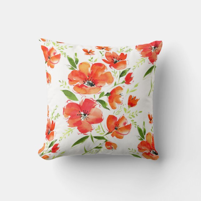 Gentle Orange Poppies Watercolor Pattern Throw Pillow (Front)