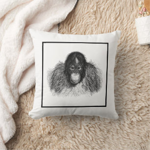 Gentle Orangutan Black and White Ape Drawing Throw Pillow