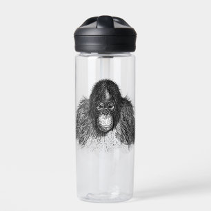 Gentle Orangutan Black and White Ape Drawing Water Bottle