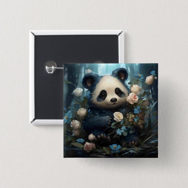Gentle Panda Bear Among Jungle Roses 2 Inch Square Button (Front & Back)