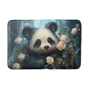 Gentle Panda Bear Among Jungle Roses Bath Mat