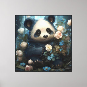 Gentle Panda Bear Among Jungle Roses Canvas Print