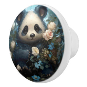 Gentle Panda Bear Among Jungle Roses Ceramic Knob