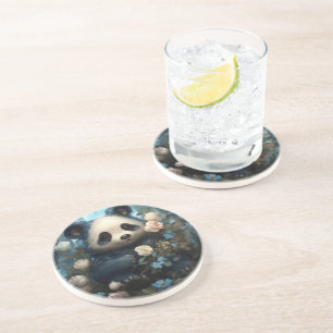 Gentle Panda Bear Among Jungle Roses Coaster