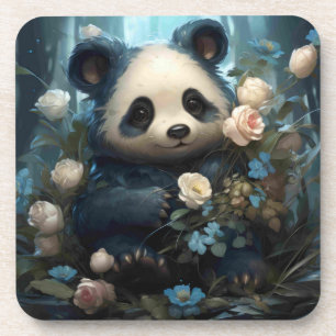 Gentle Panda Bear Among Jungle Roses Coaster