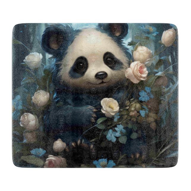 Gentle Panda Bear Among Jungle Roses Cutting Board (Front)