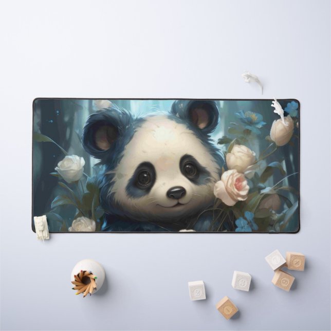 Gentle Panda Bear Among Jungle Roses Desk Mat (Kids Table)