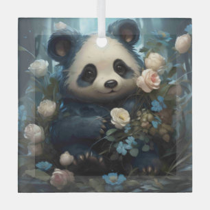 Gentle Panda Bear Among Jungle Roses Glass Ornament