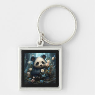 Gentle Panda Bear Among Jungle Roses Keychain