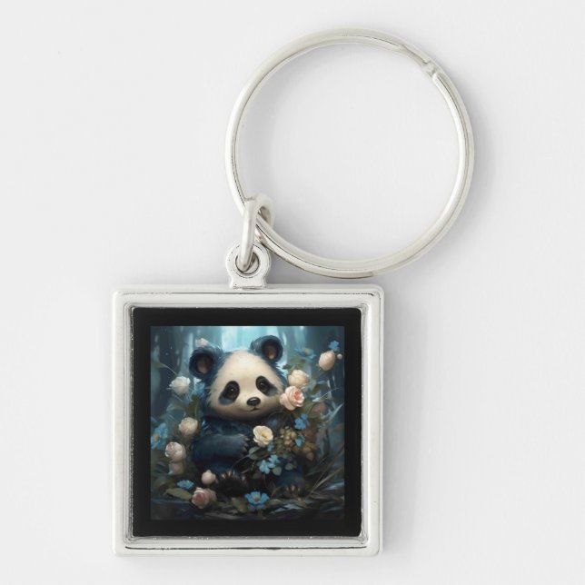 Gentle Panda Bear Among Jungle Roses Keychain (Front)