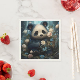 Gentle Panda Bear Among Jungle Roses Napkin