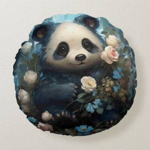 Gentle Panda Bear Among Jungle Roses Round Pillow