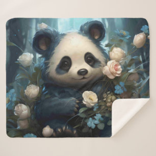 Gentle Panda Bear Among Jungle Roses Sherpa Blanket