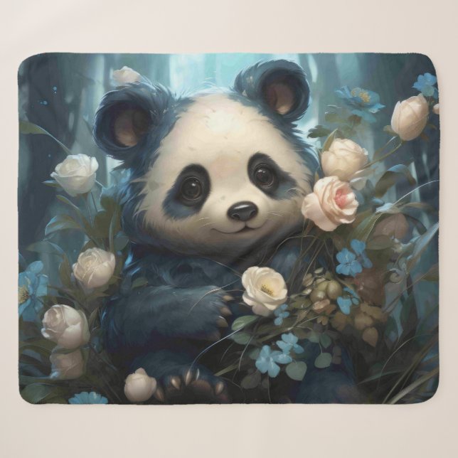 Gentle Panda Bear Among Jungle Roses Sherpa Blanket (Front (Horizontal))