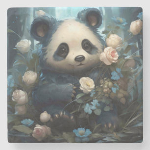Gentle Panda Bear Among Jungle Roses Stone Coaster