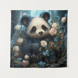 Gentle Panda Bear Among Jungle Roses Tapestry