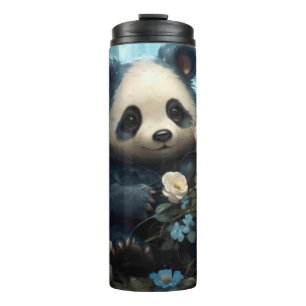 Gentle Panda Bear Among Jungle Roses Thermal Tumbler