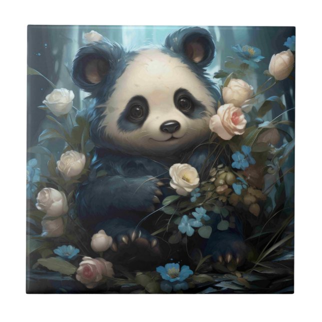 Gentle Panda Bear Among Jungle Roses Tile (Front)