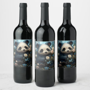 Gentle Panda Bear Among Jungle Roses Wine Label