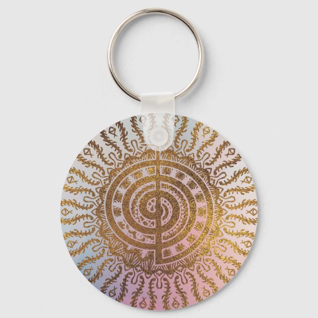Gentle Pastel and Gold Choku Rei Symbol in Mandala Keychain (Front)