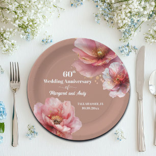 Gentle Pink Gold Floral 60th Wedding Anniversary Paper Plate