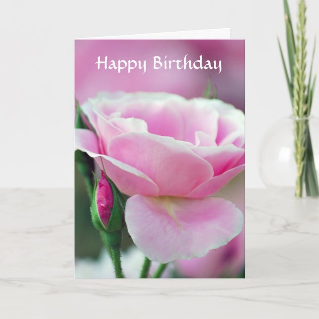 Gentle pink rose and rose buds happy birthday card (Front)