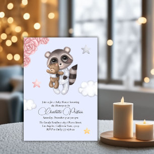 Gentle Raccoon Animal Blue Baby Shower Invitation