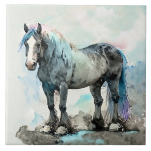 Gentle Shire Horse Watercolour Blue Tile