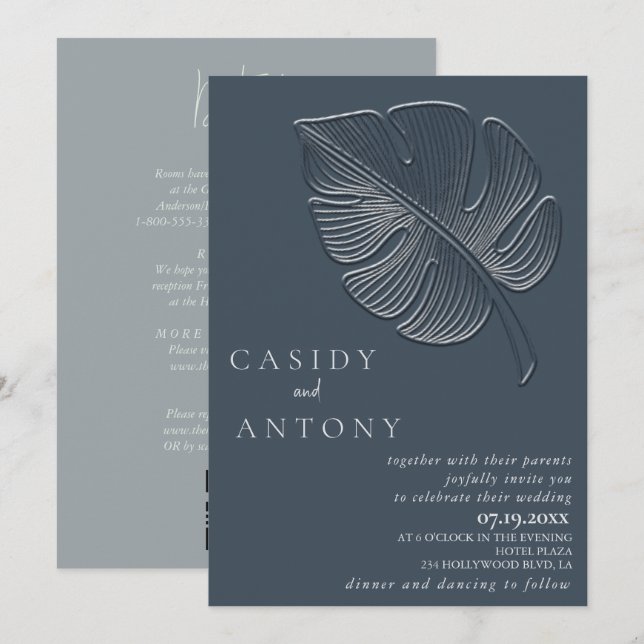 Gentle simple embossed tropical leaf all in one   invitation (Front/Back)