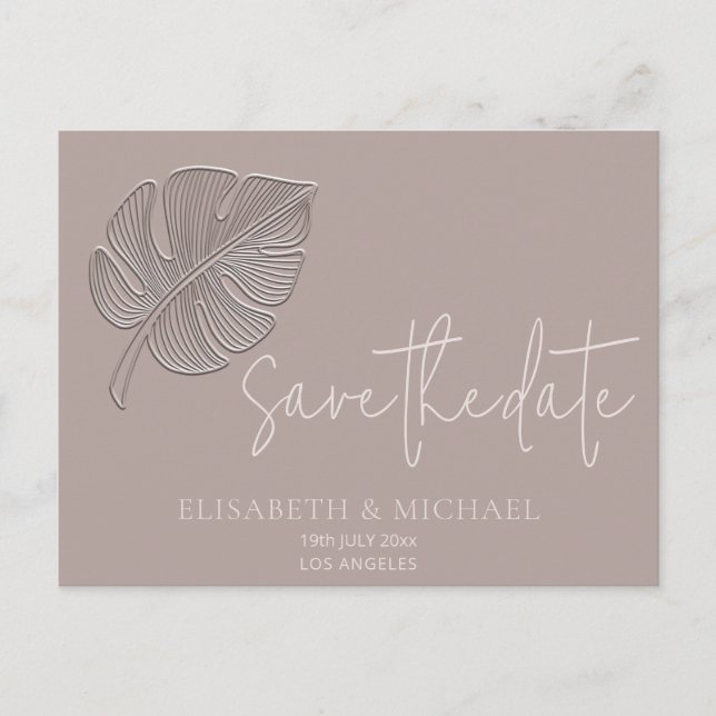 Gentle simple embossed tropical leaf  announcement postcard (Front)