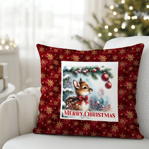 Gentle Snowy Fawn Watercolor Scene Gift Christmas  Throw Pillow