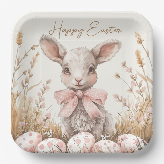 Gentle Spring Lamb & Pastel Easter Egg Hunt Paper Plate (Front)