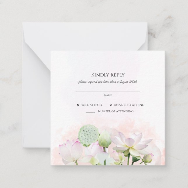 Gentle Water Lilies and Lotuses Wedding RSVP Card (Front)