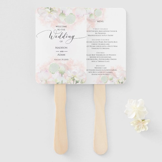 Gentle Water Lilies & Loti Watercolor Wedding Menu Hand Fan (Front and Back)