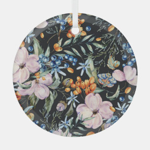 Gentle Watercolor: Pink Floral Berries Glass Ornament