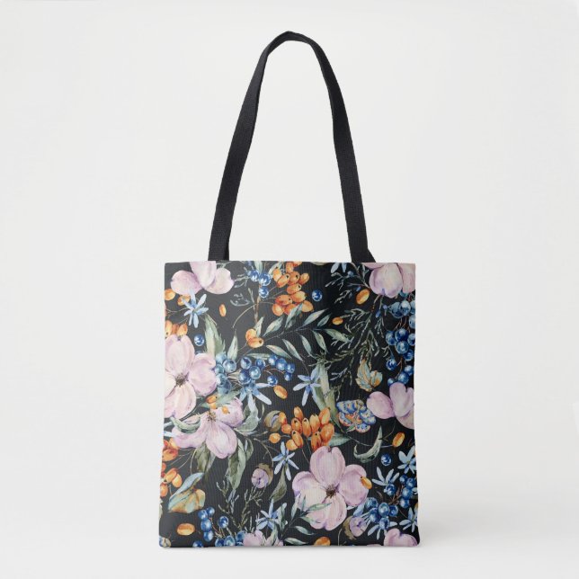 Gentle Watercolor: Pink Floral Berries Tote Bag (Front)