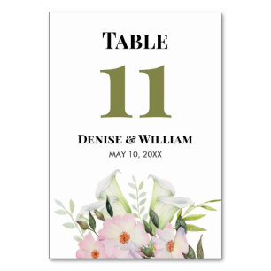 Gentle White Calla Lily Rose Wedding Table Number
