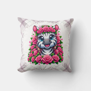 Gentle Zebra in Rose Wreath Throw Pillow
