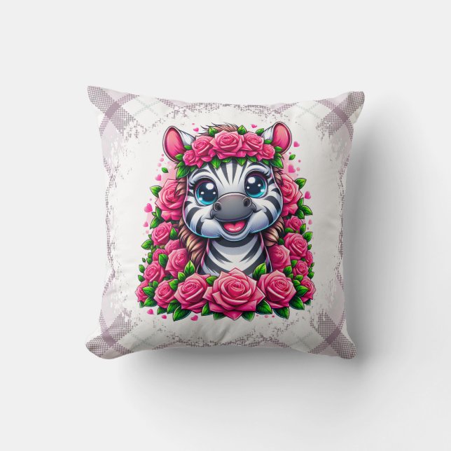 Gentle Zebra in Rose Wreath Throw Pillow (Front)