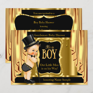 Gentleman Baby Shower Black Gold Drapes Brunette Invitation